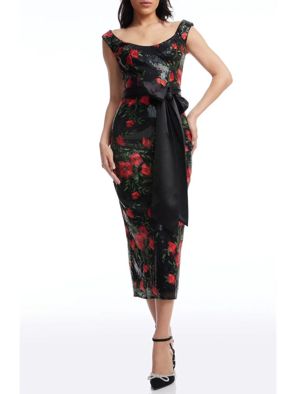 NEW, Dress the Population Dottie Floral Jacquard Sequin Dress Sz L #MD2533